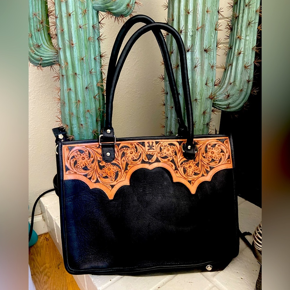 Hand tooled leather laptop bag
